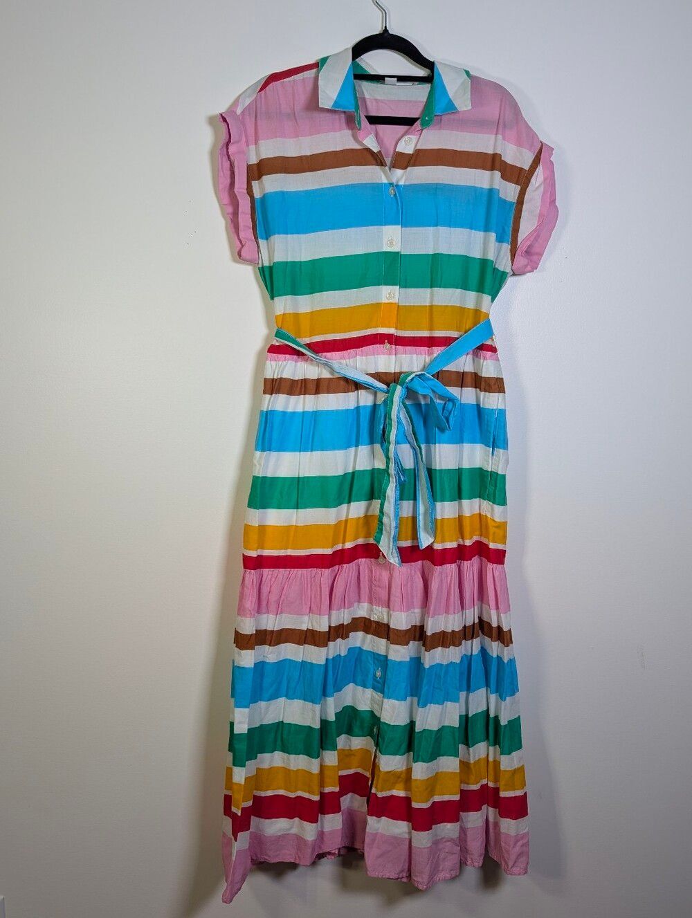 J.Crew Rainbow Stripe Cotton Shirt Dress Belted Midi Summer Colorful Size 8 - Picture 2 of 9